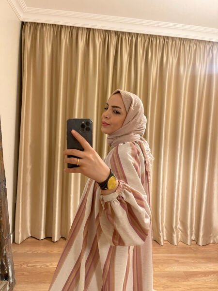 LENA PEMBE ÇİZGİLİ KETEN ELBİSE