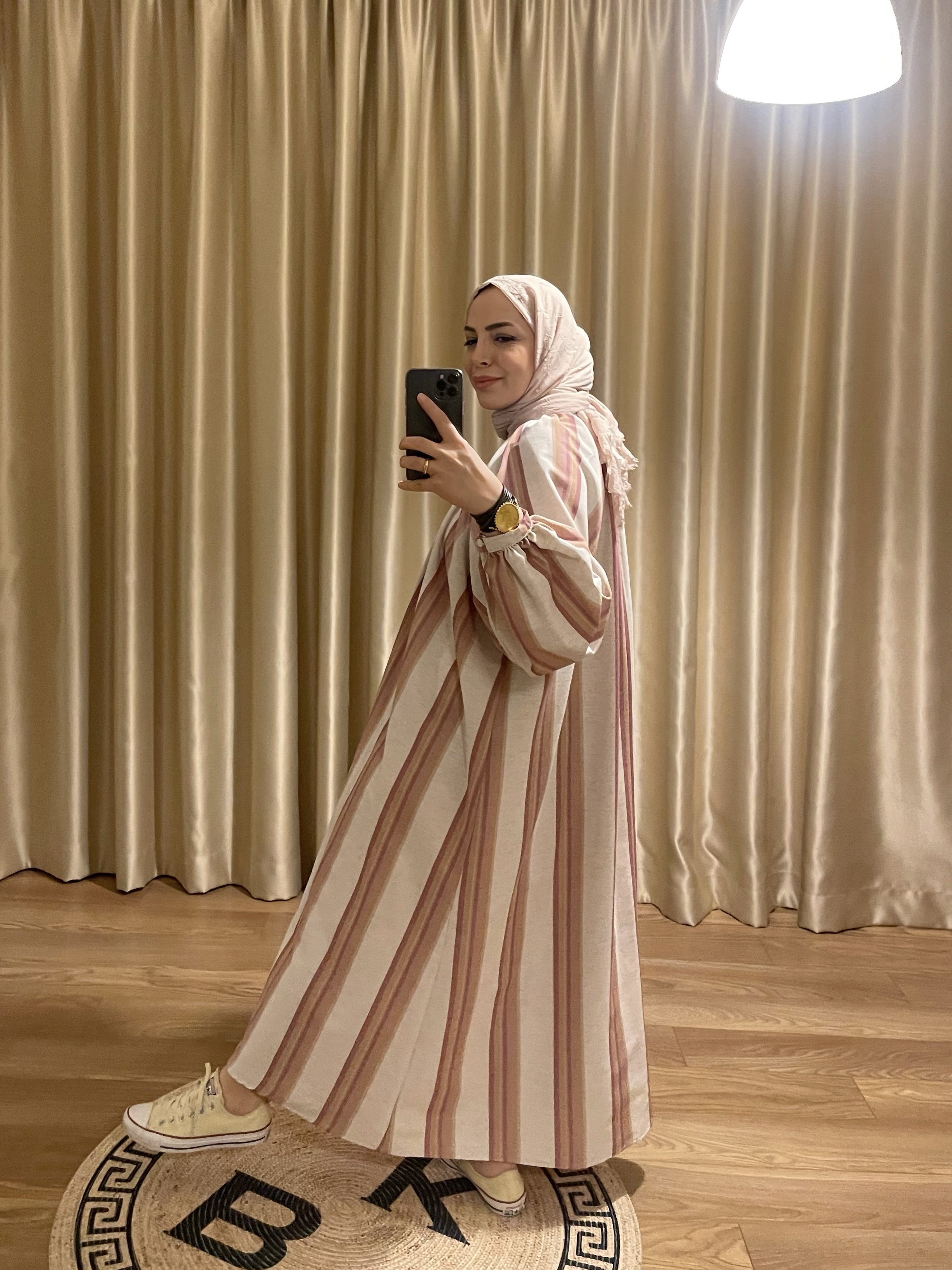 LENA PEMBE ÇİZGİLİ KETEN ELBİSE