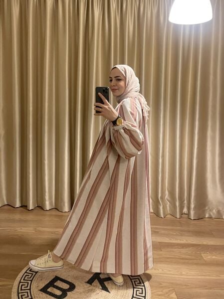 LENA PEMBE ÇİZGİLİ KETEN ELBİSE