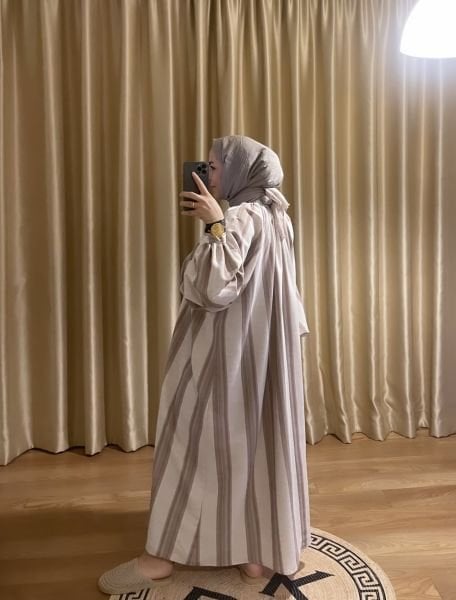 LENA YEŞİL ÇİZGİLİ KETEN ELBİSE