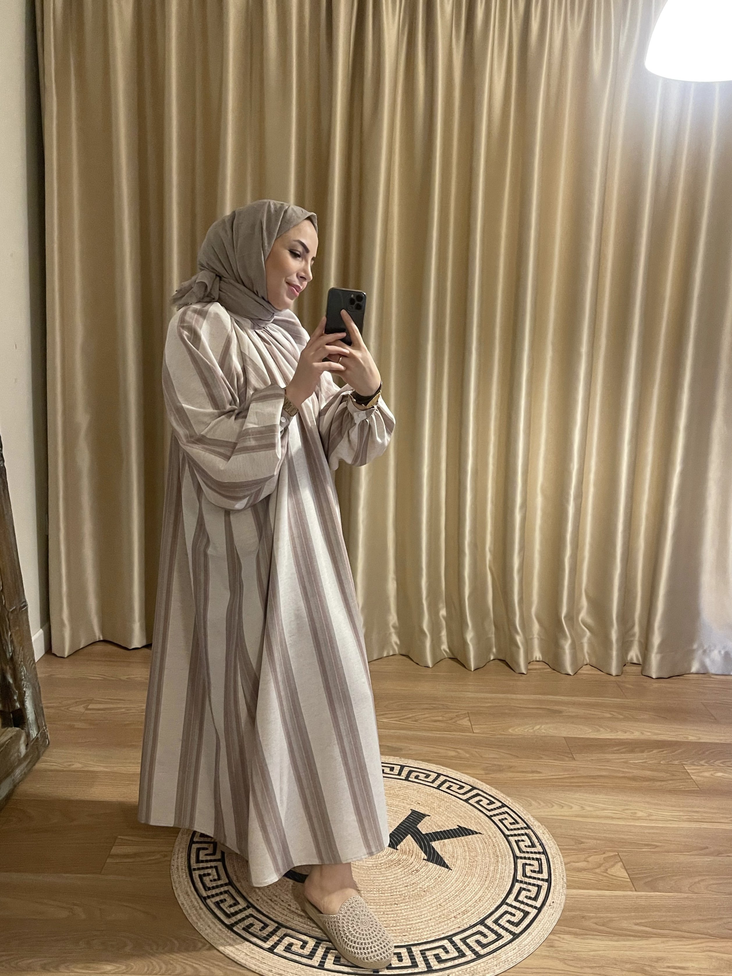 LENA YEŞİL ÇİZGİLİ KETEN ELBİSE