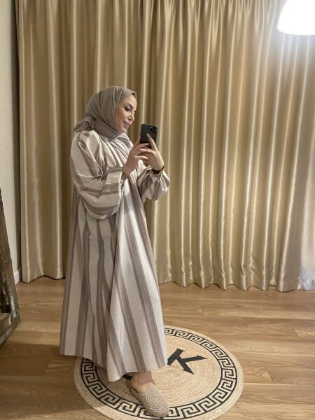 LENA YEŞİL ÇİZGİLİ KETEN ELBİSE